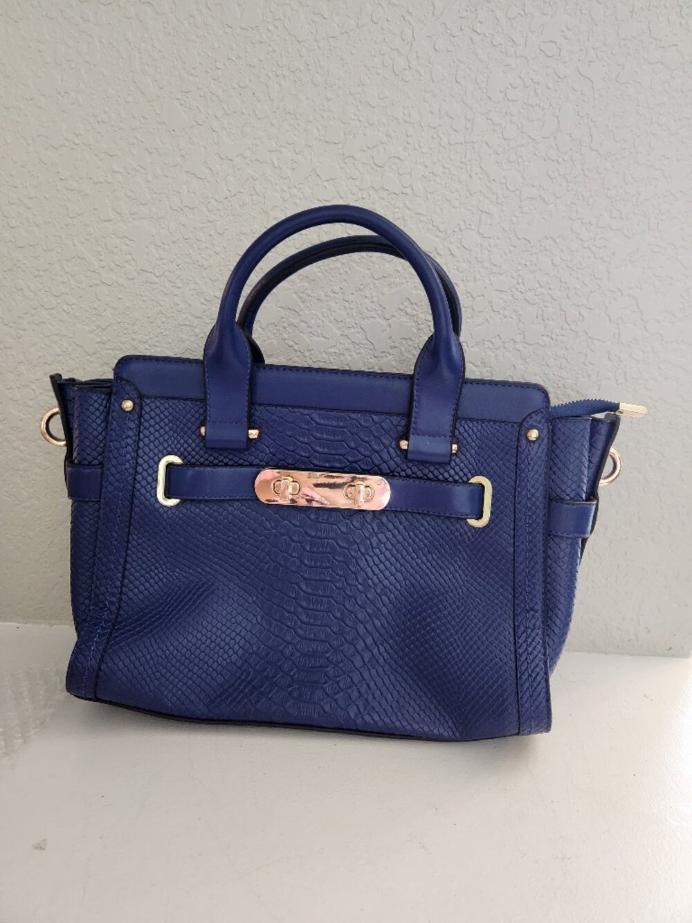 New Womens Blue Snakeskin Faux Handbag Satchel